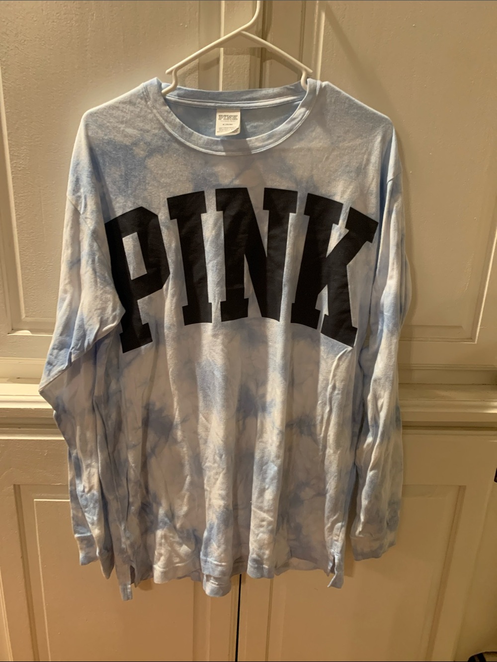 PINK Victoria's Secret Light Blue Tie-Dye Long Sleeve Tee with Black Logo